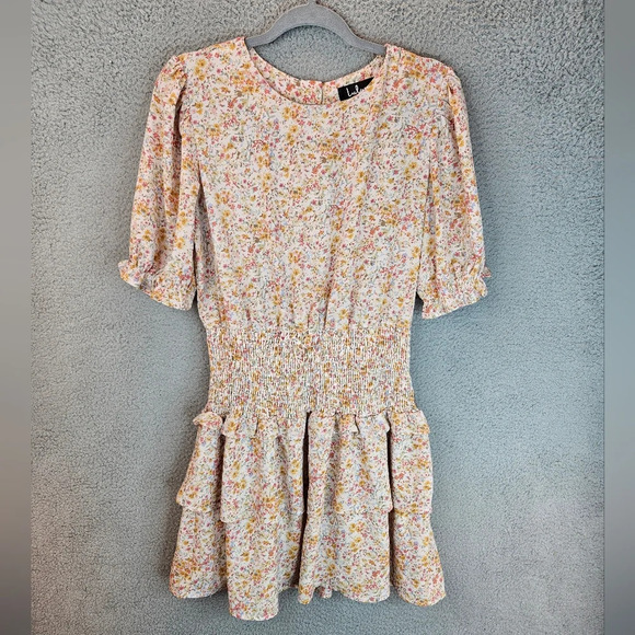 Lulu's Womens Isn't She Darling Blush Floral Puff Sleeve Mini Dress Sz L Spring - Picture 2 of 15